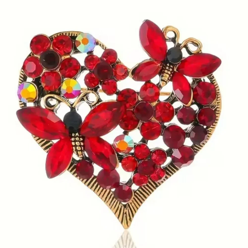 NWT Red Rhinestone Crystal Heart Butterfly Brooch Vintage Gold Tone Statement